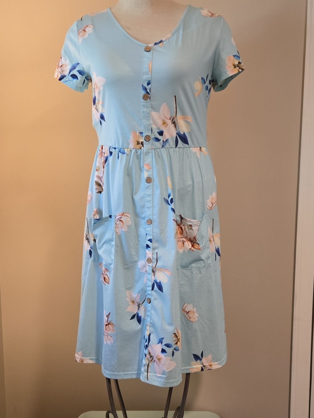 Light Blue Floral Button-Front Women's Dress